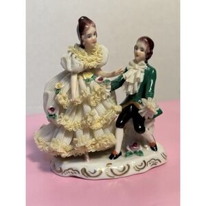 Vintage Dresden Porcelain Lace Figurine Victorian Dancing Couple